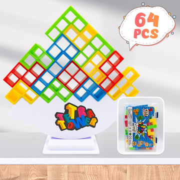 Lemren Tetra Stack Tower Attack Game - 64 Pcs With Storage Box Team Tower Game For Kids & Adults, Family Party Game Board Games