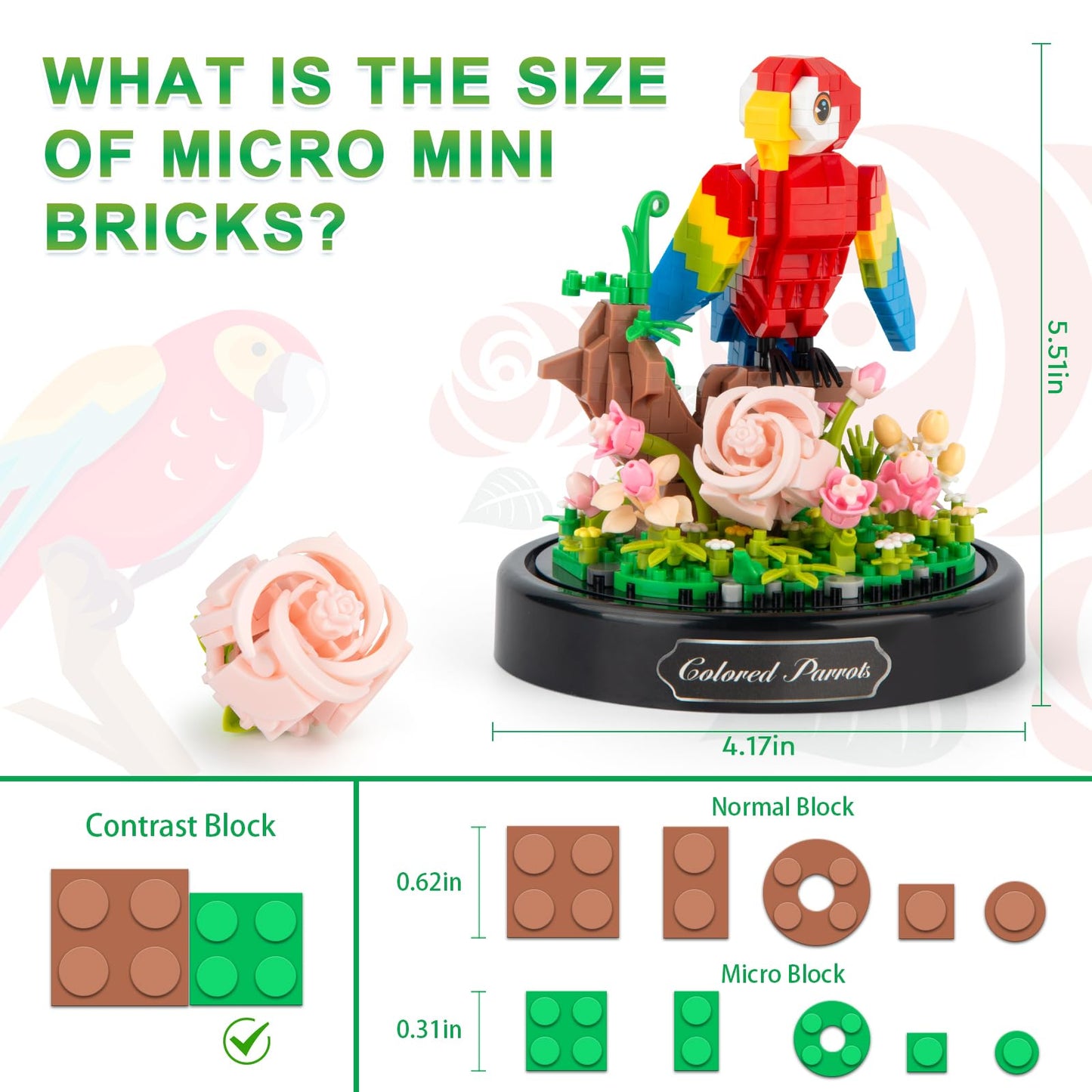 High Godo Flowers Parrot Toy Building Set, 551 Pcs Creator Animals Micro Bricks Kit With Dust Cover, Birthday Gift For Women Girlfriend Teens Adults 12+