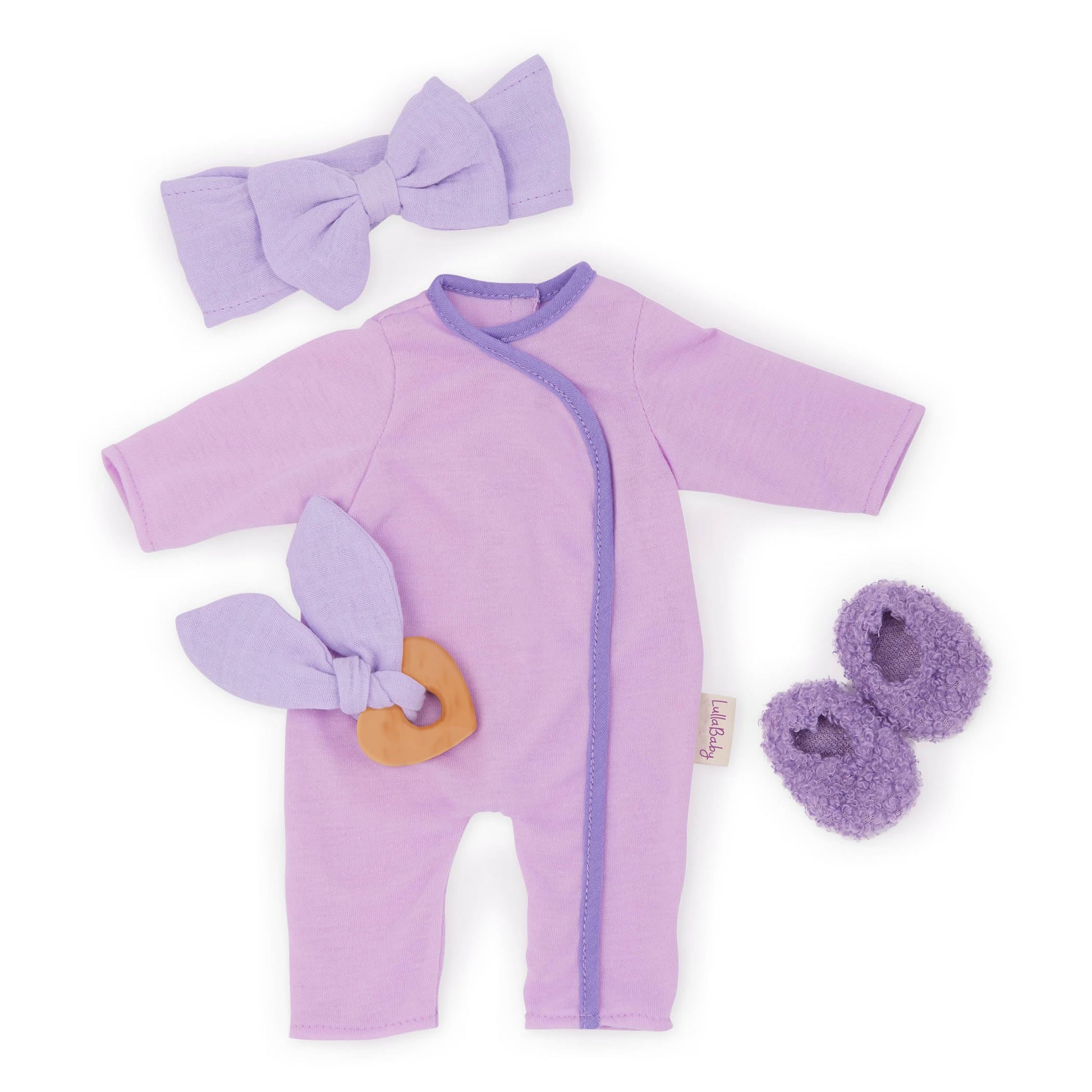 Lullababy - 14-Inch Baby Doll Clothes - Purple Pajama Onesie - Headband, Teether & Slippers Accessories - Imaginative Play - Toy