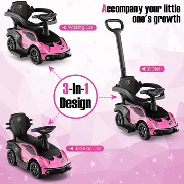 HONEY JOY Pink Push Car for Toddlers, Lamborghini Ride-On with Push Handle, Detachable Guardrail, Horn & Engine Sound, Large Size