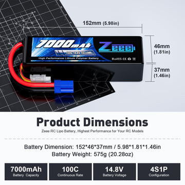 Zeee 4S Lipo Battery 7000mAh 14.8V 100C Soft Pack RC Battery EC5 Connector with Metal Plates for RC Car RC Truck RC Tank Racing