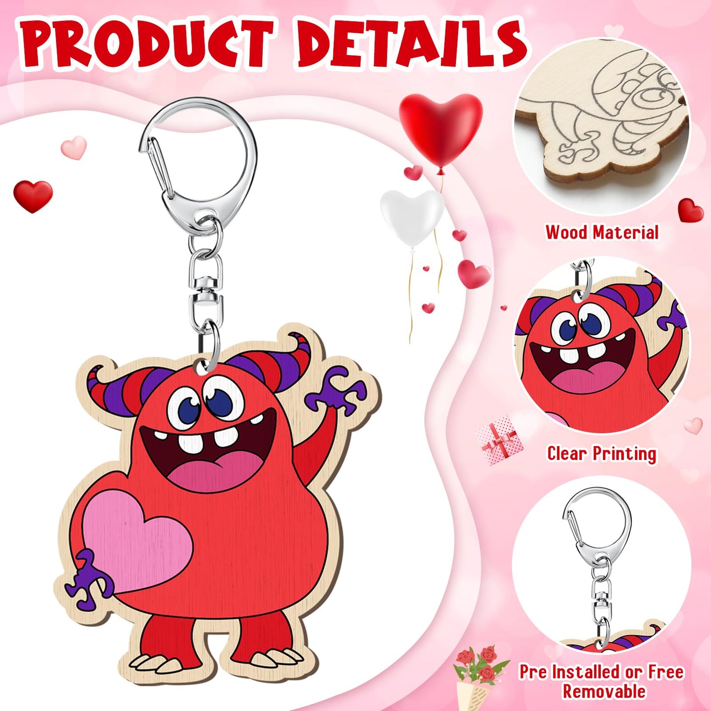 Memorywuu 24 Sets Valentines Day Craft Kits Color Your Own Valentine Monster Keychain DIY Heart Wood Keychains Paintable Unfini