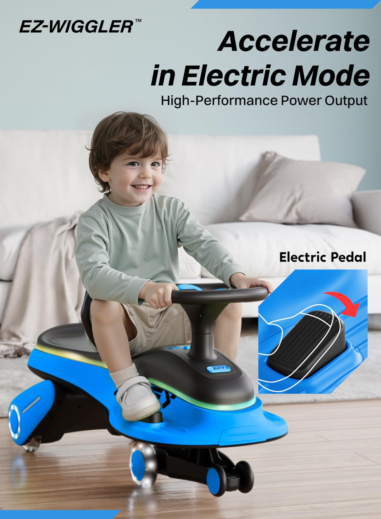 ZIFFY 45W 5.5A Light-Up Electric Wiggle Car with Pedal, Rechargeable Battery, 2-in-1 Swing Car, 2 Speed Ride-On Toy, Anti-Rollov