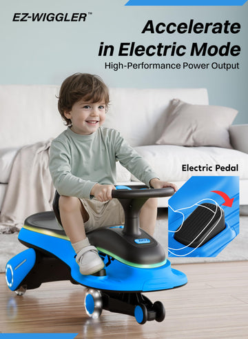 ZIFFY Light-Up Electric Wiggle Car, 45W 5.5A, Rechargeable, Anti-Rollover, 2-in-1 Swing Car, Blue, 13"x30