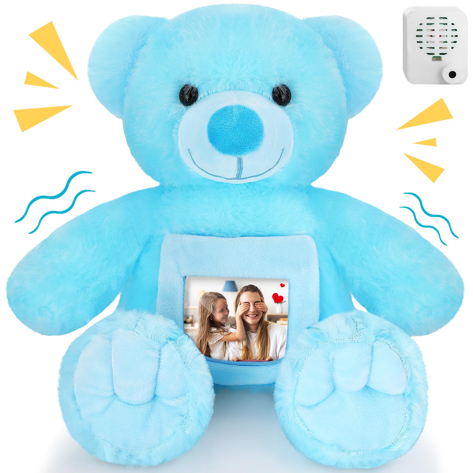 Leyndo Bear With Voice Recording Remembrance Stuffed Animal With Picture Recordable Messages Memorial Toy For Baby Shower Birthday Gift, Recording Gifts(14 Inch,Blue)