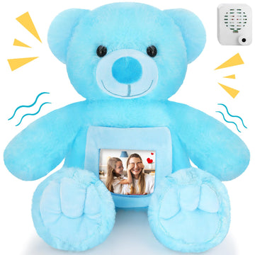 Leyndo Bear With Voice Recording Remembrance Stuffed Animal With Picture Recordable Messages Memorial Toy For Baby Shower Birthday Gift, Recording Gifts(14 Inch,Blue)