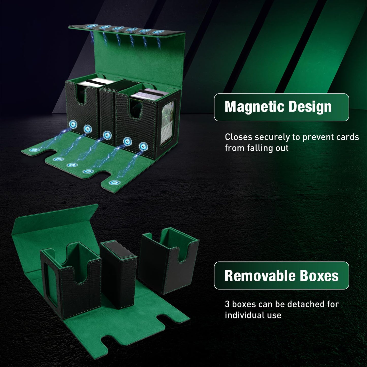 TiMOVO MTG Deck Box - Magnetic Faux Leather Case for 200+ Double-Sleeved Cards, Black/Green with Display & Dice Tray