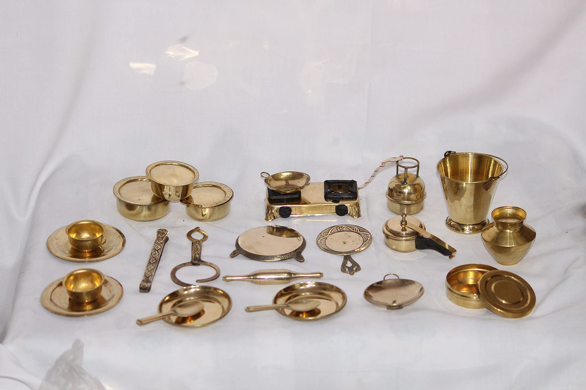 Tirtha Enterprises Brass Miniature Kids Toys Set of 30 peices with All Kitchen Set essencial Utensils for gils and Boys