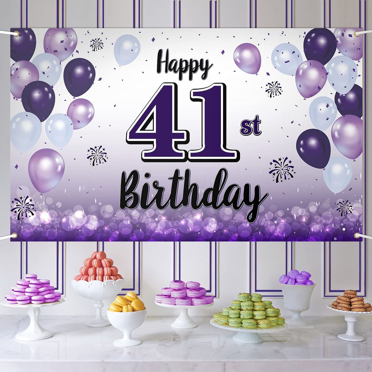 LASKYER Happy 41st Birthday Decorations,41st Purple Balloon Large Birthday Banner Backdrop Sign,41 Years Old Bday Party Supplies