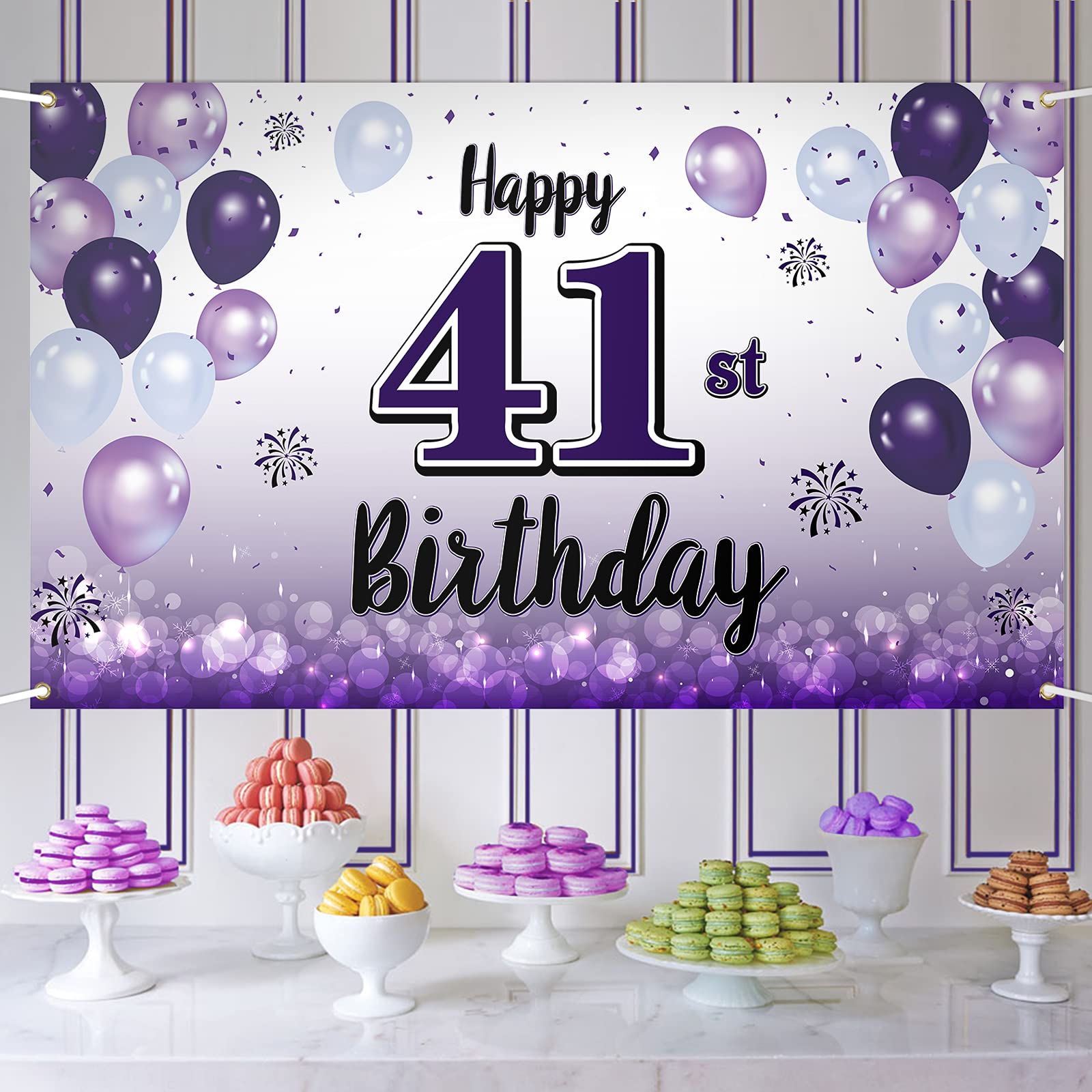 LASKYER Happy 41st Birthday Decorations,41st Purple Balloon Large Birthday Banner Backdrop Sign,41 Years Old Bday Party Supplies