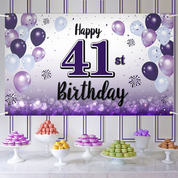 LASKYER Happy 41st Birthday Decorations,41st Purple Balloon Large Birthday Banner Backdrop Sign,41 Years Old Bday Party Supplies