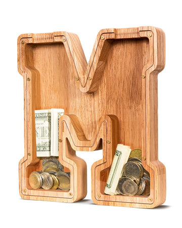 Summidate Wooden Letter Piggy Bank| Piggy Bank For Boys Girls Toddler| Alphabet M Money Bank| Coin Bank Birthday Gift For Kids|2024 Graduation Money Box (M)