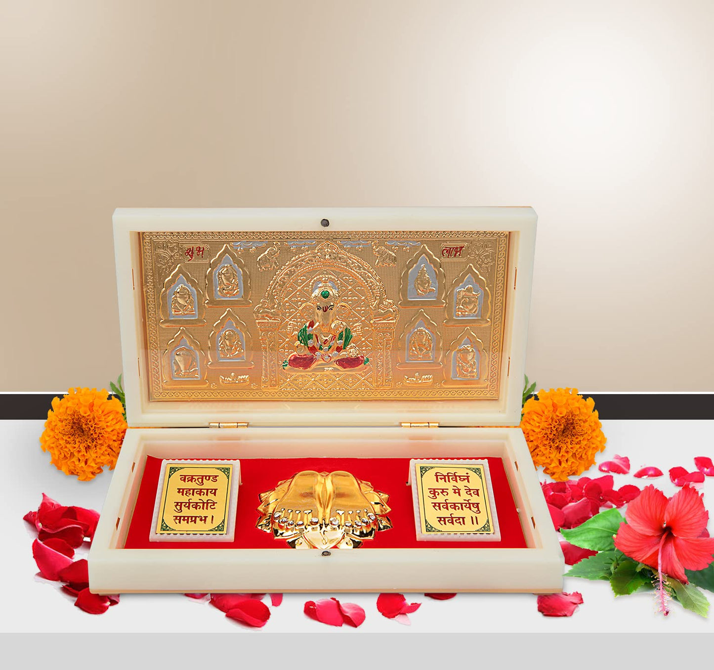 ARNAVIRA Gold Plated Photo Frame with Charan Paduka Pocket Temple for House Warming Gifts Return Gift Diwali Gift Puja Box (Dagu
