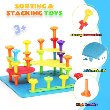 Ggiibro Peg Board Set STEM Toys for Toddlers Ages 3-6 | Montessori Sensory Stacking & Lacing Kit with Thick/Thin Foam Boards & S