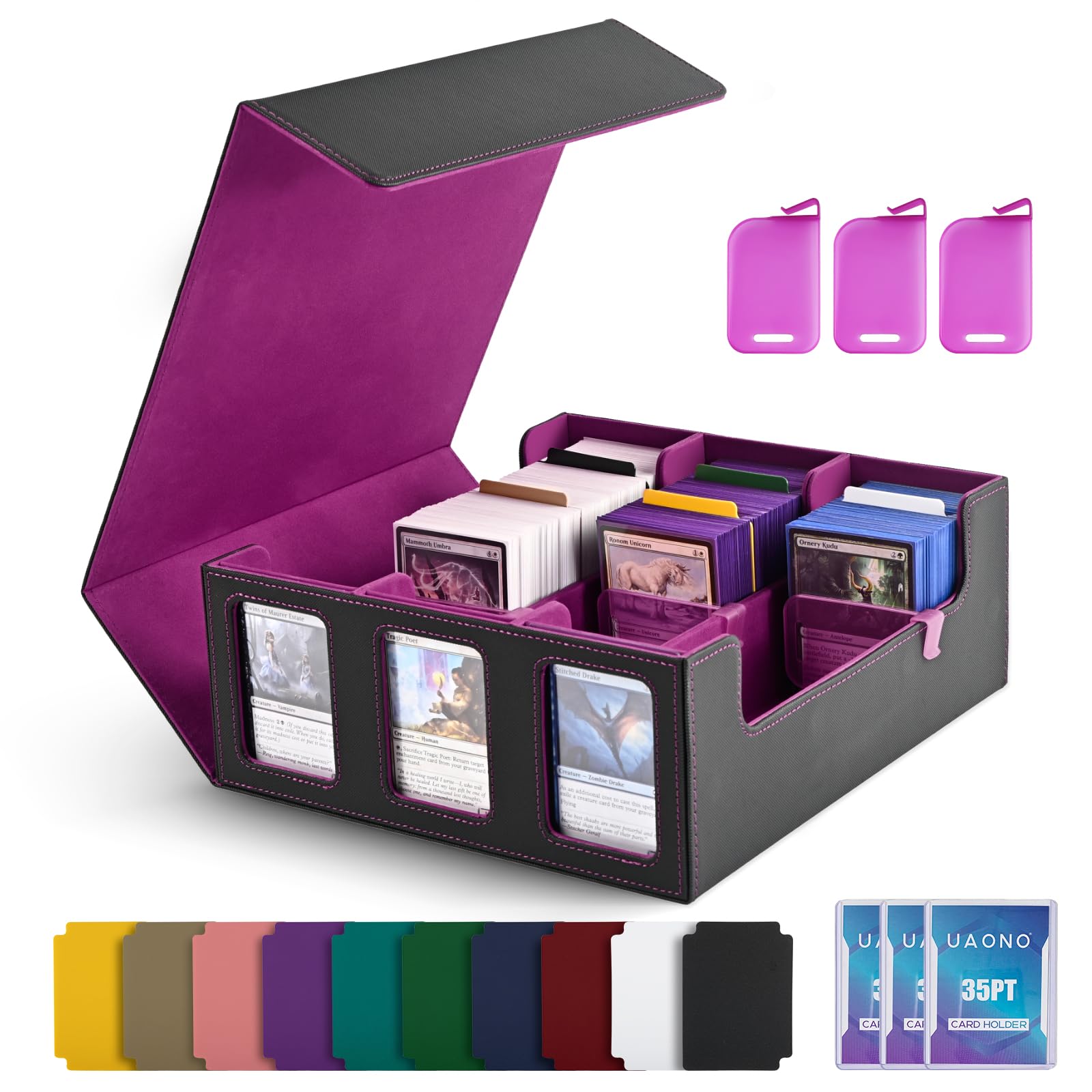 Uaono Card Storage Box For Trading Cards, 1800+ Commander Deck Box For Mtg With Display Window, Toploader Card Case Fits Magic Tcg Ptcg Sports Cards; 10 Removable Divider, 3 Stoppers (Black, Purple)