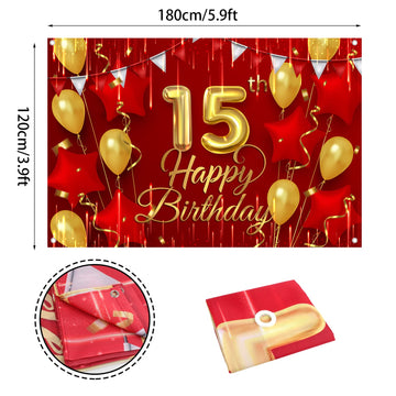 15Th Birthday Backdrop Banner Decorations Red And Gold For Boys Girls Happy 15 Years Old Bday Background Photography Party Decor Sign Supplies