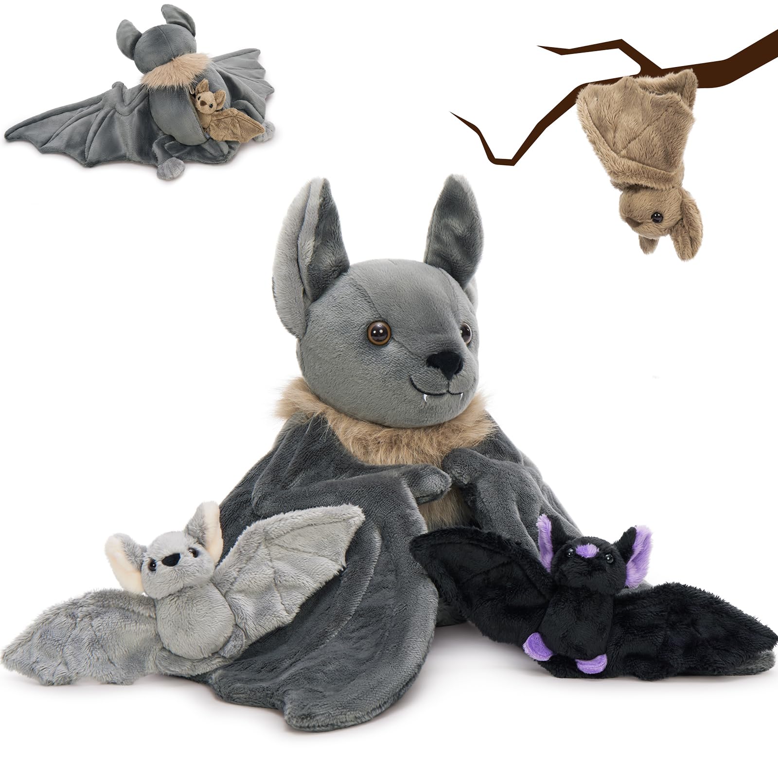 Tezituor 4Pcs Realistic Goth Bat Stuffed Animals Set  32inch Large Mommy Stuffed Bat with 3 Cute Babies for Boys Girls  Hugging Soft Gothic Bats Plush Toy Gift for Halloween Christmas Party