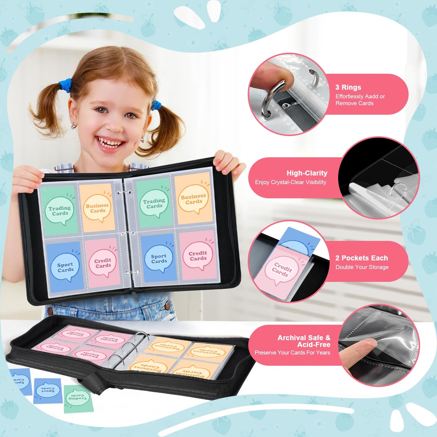 enhanced 4 Pocket Trading Card Binder Holder 400 Cards with 50 Removable Sleeves | PU Leather Zipper Album Book for Sports Cards  Game | Card Storage & Organization for Girls Collector Strawberry Pink