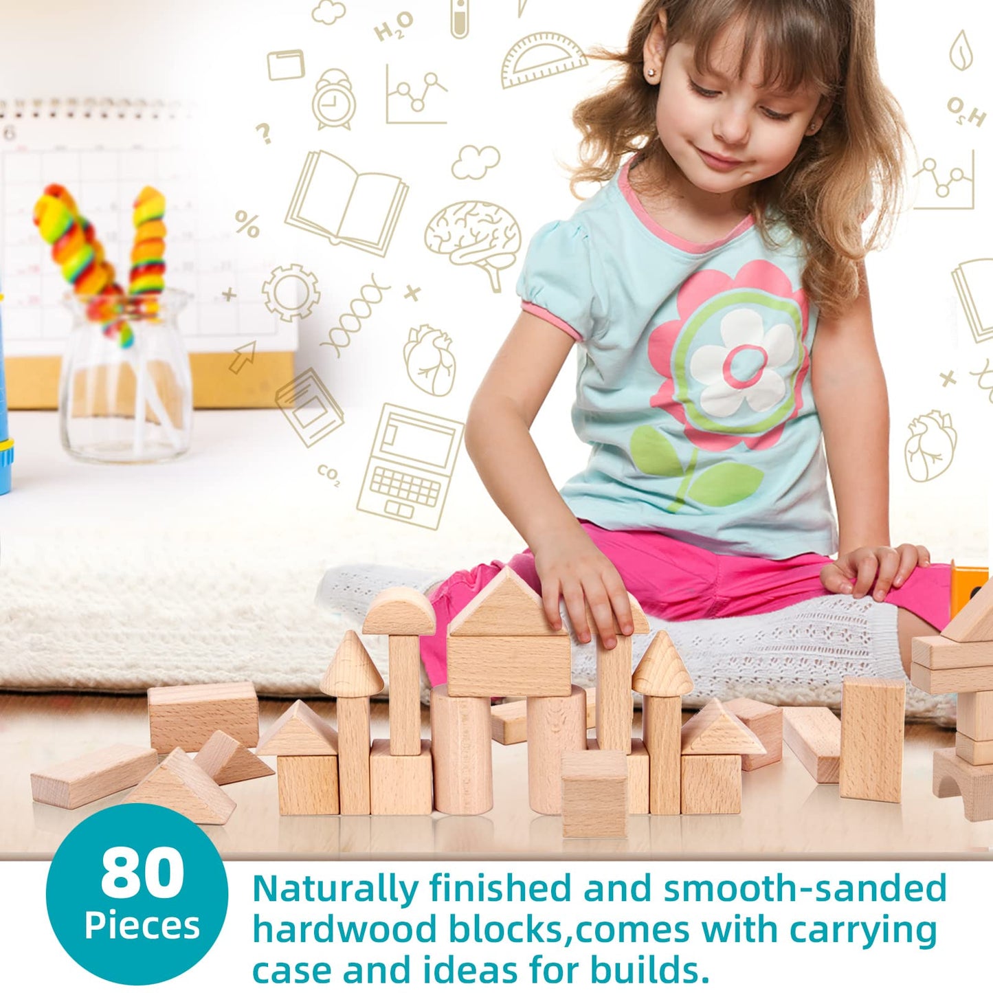 Timfuis Wooden Building Blocks Set, 80 PCS Natural Wood Stacking Block Toy with Carrying Bag, Montessori Learning Birthday Gifts