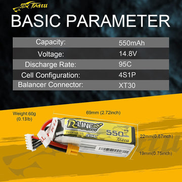 TATTU R-Line 550mAh 4S Lipo Battery Pack 14.8V 95C with XT30 Plug for FPV Racing Quadcopter from Size 100 to 180