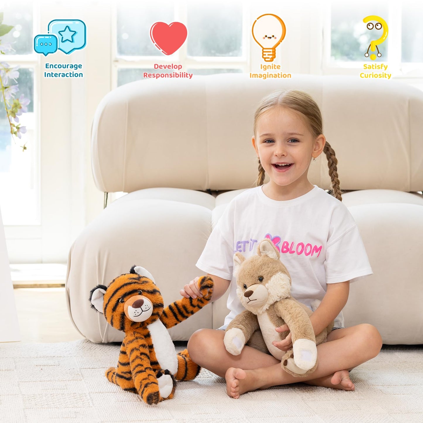 MorisMos Plush Wolf and Tiger Stuffed Animals Duo for Kid Couple Twin Freezable & Microwavable Stuffed Animal for Comfort Heating Pad Plush Tiger & Wolf Toy Gift/Decor