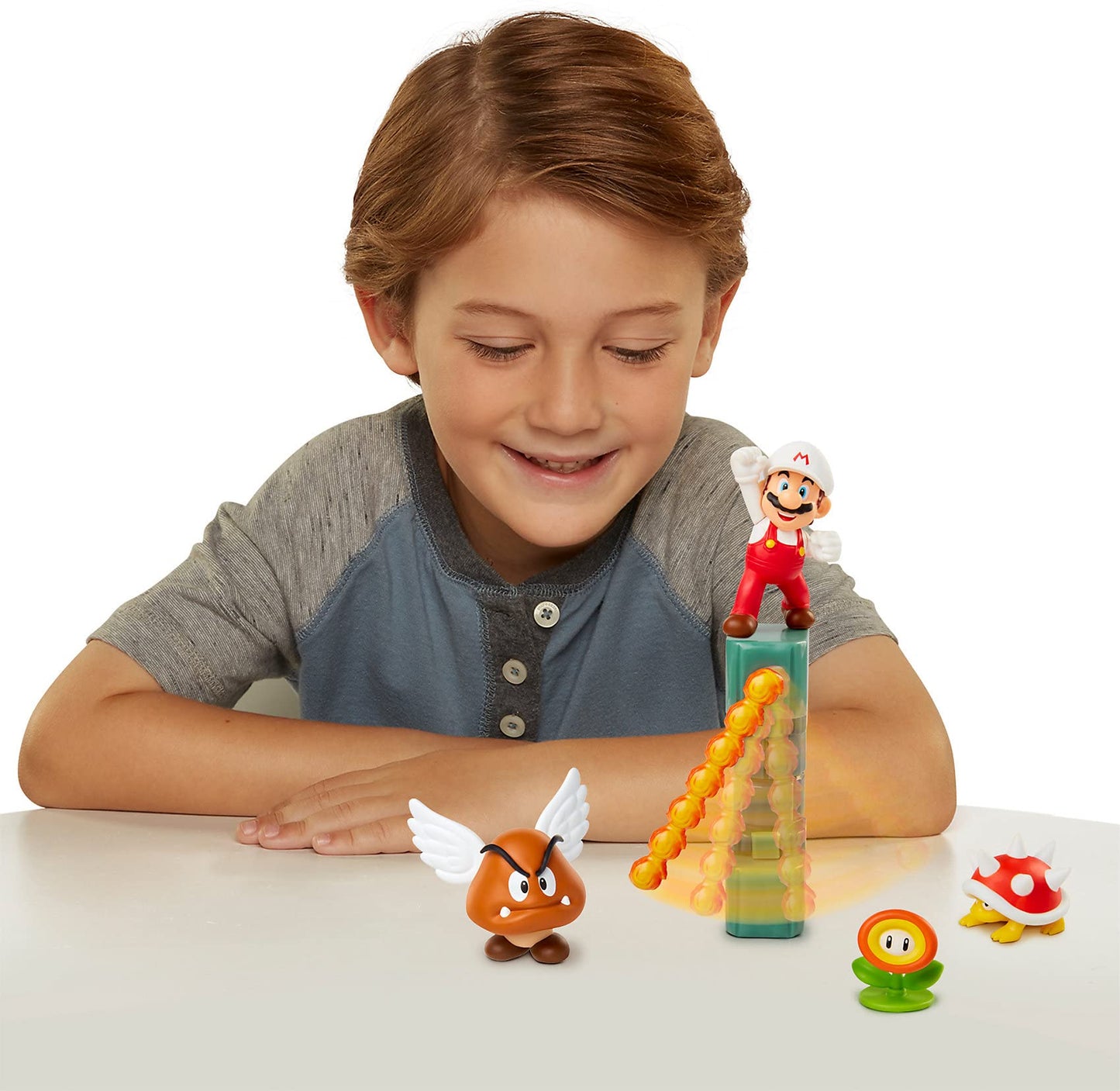 Nintendo Super Mario Lava Castle Diorama Play Set - Fire Mario, Spiny & Para Goomba - 2.5" Plastic Figure with Spinning Fireballs