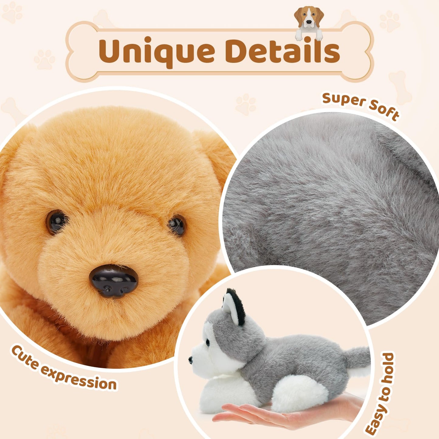 Tezituor 6Pcs Bulk Dog Stuffed Animals, Fluffy Assorted Stuffed Puppy Plush Toys For Kids, 11' Schnauzer,Husky, Bernese, Golden Retriever, Beagle,Spotted Dog Doll Set For Dog Themed Party Favors Gift