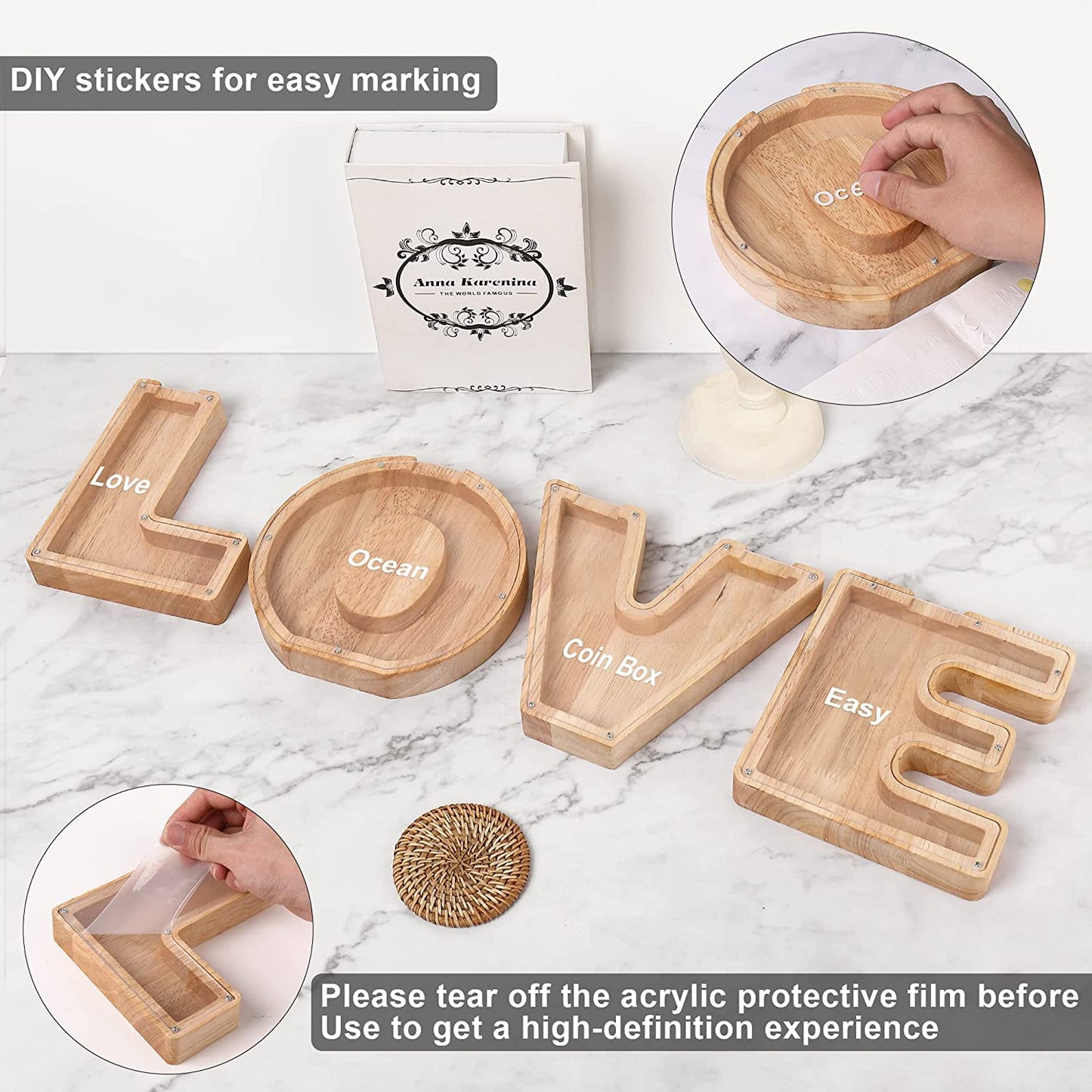 Weallbuy Piggy Bank For Kids Personalized A-Z Letter Piggy Bank Wooden Transparent Letter Money Box Decoration Creative Money Ja