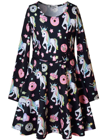 Unicorn Dresses for Girls 7-16 Long Sleeve Unicorn Clothes Swing Dress Black