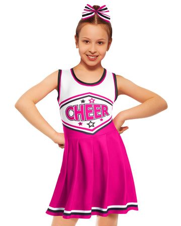 Jenpen Cheerleader Costume Cheerleading Outfit Dress Cheer Uniform With Bow Halloween Dress Up Gifts(3-5 Years,Rose Red)