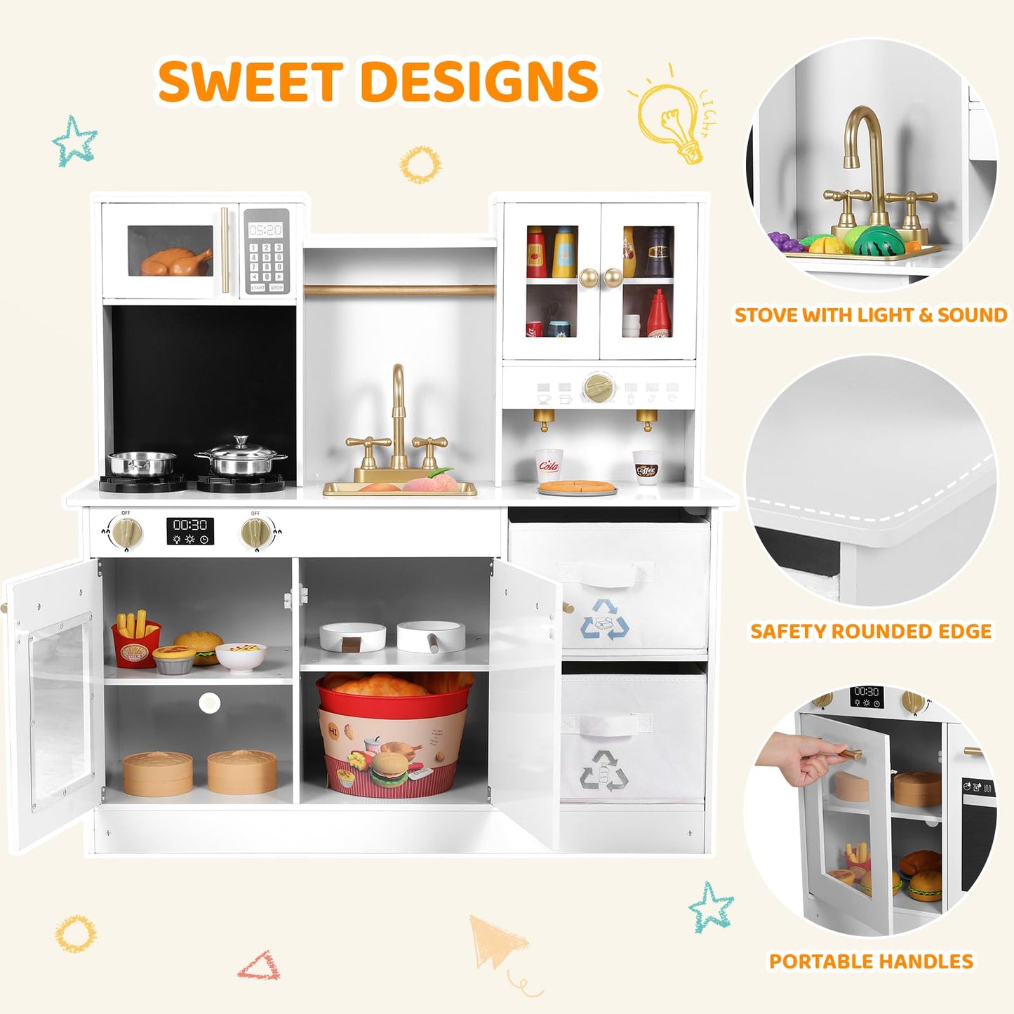 Arlopu Play Kitchen for Kids, Wooden Pretend Toy Kitchen, Large Toodler Cooking Playset w/Cookware, Stove w/Light & Sound, Fabri