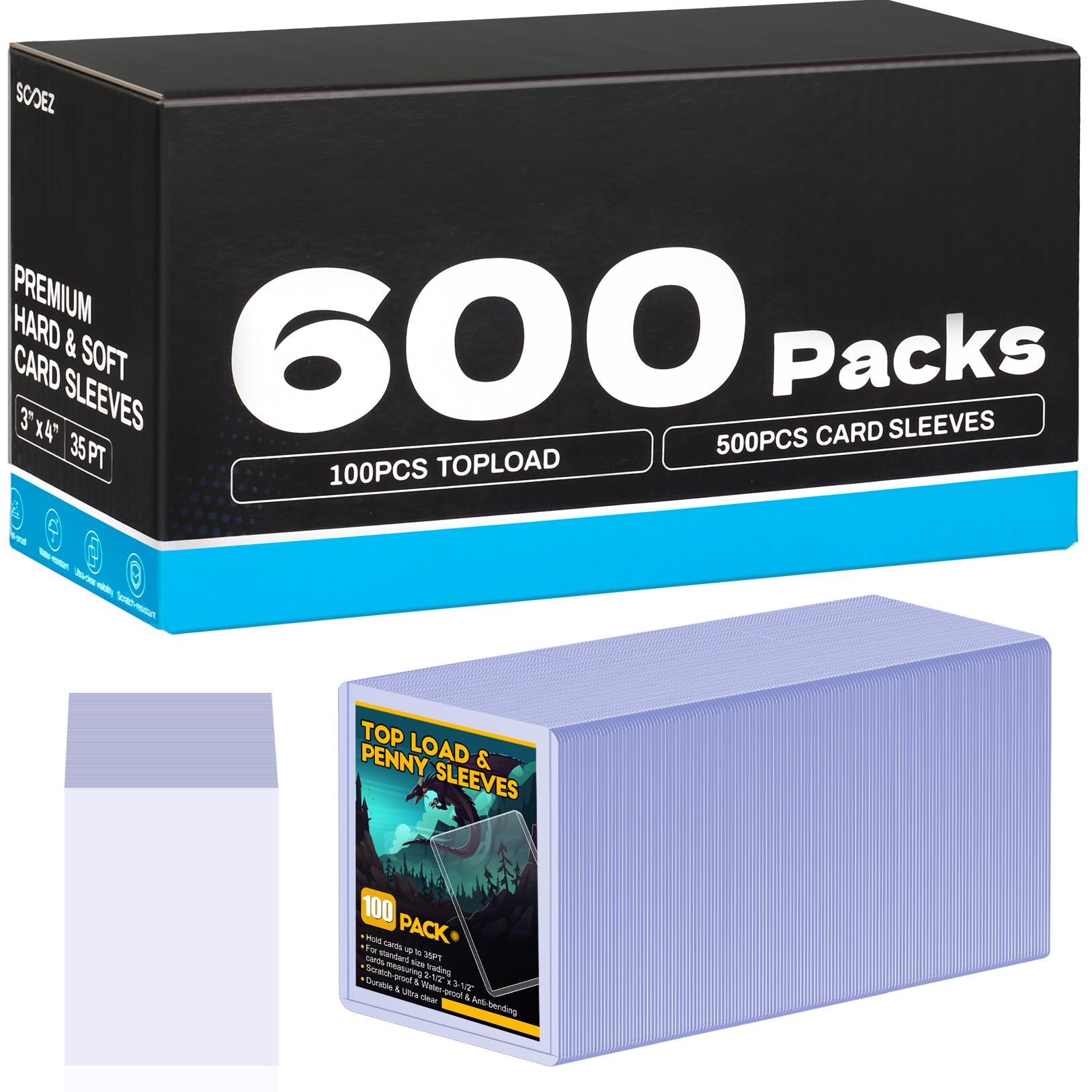 600 Card Sleeves Top Loaders for Cards  Sooez enhanced 35PT 3X4 Baseball Card Protectors Hard Plastic Top loaders  Card Holder  Trading Sports Football Game Cards(100 Toploaders + 500 Penny Sleeves)