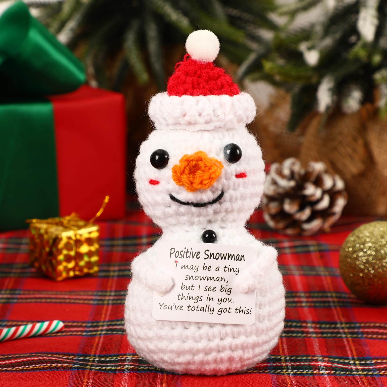 JULEASEL Mini Funny Positive Snowman Emotional Crochet Knitted Doll with Positive Card for Coworkers Best Friend Encouragement W