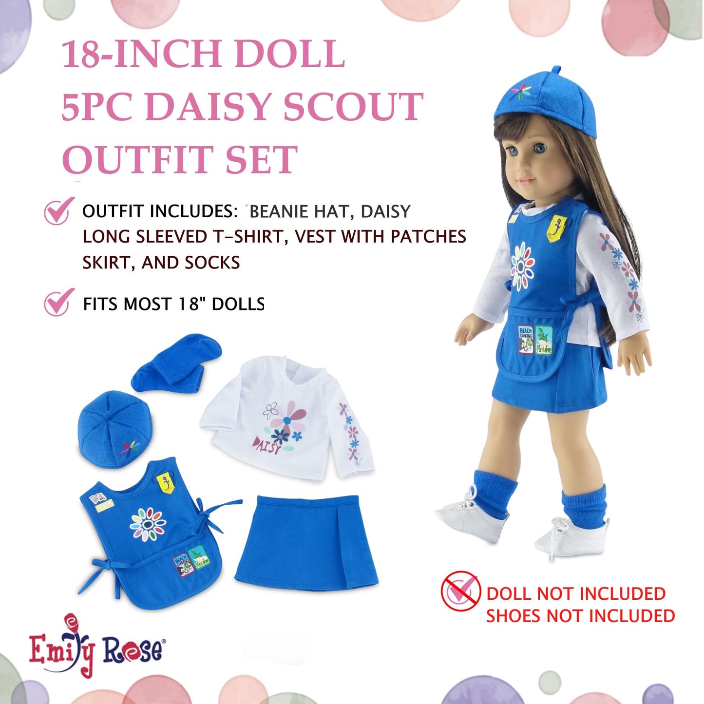 Emily Rose 18-inch Doll Daisy Girl Scout Uniform - 5-Piece Set, Blue, Officially Licensed, Model INS2086