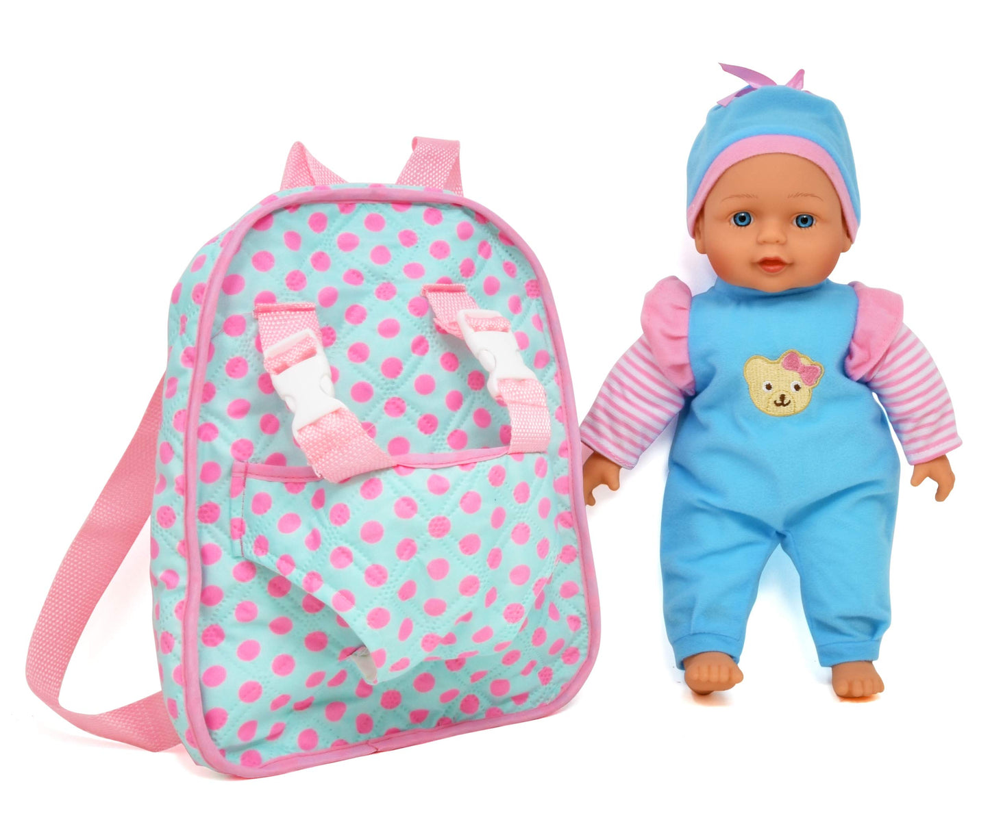 Dolls To Play 13" Soft Baby Doll with Pink Backpack Carrier - White Vinyl Doll Accessories Included