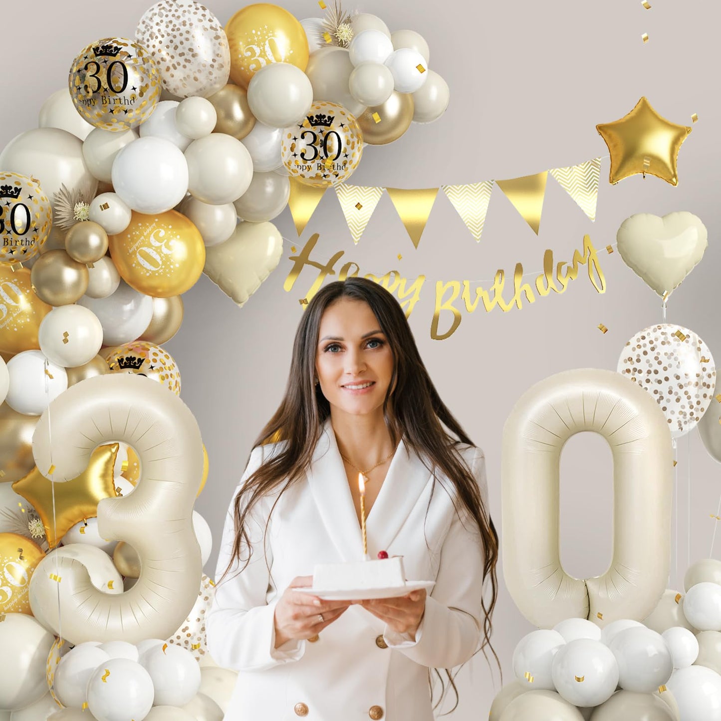 30Th Birthday Decorations Sand White Gold,30Th Birthday Balloon Arch Garland Kit With Happy 30Th Birthday Number 30 Foil Balloon