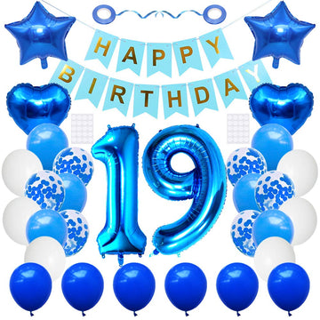 Huture 19 Birthday Party Supplies Blue Number 19 Foil Balloon Happy Birthday Banner Kit 19Th Birthday Decoration White Blue Late