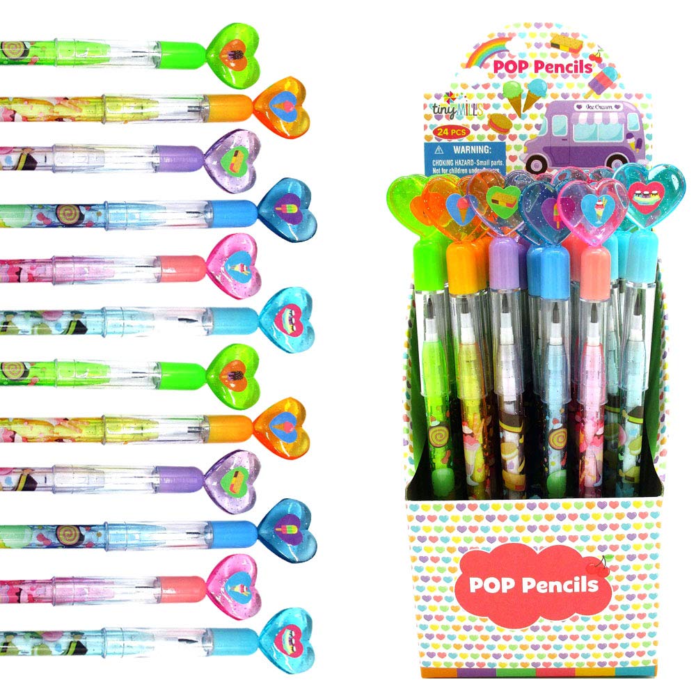 Tiny Mills 24 Pcs Ice Cream Multi Point Stackable Push Pencil Assortment with Eraser for Ice Cream Birthday Party Favor Prize Ca