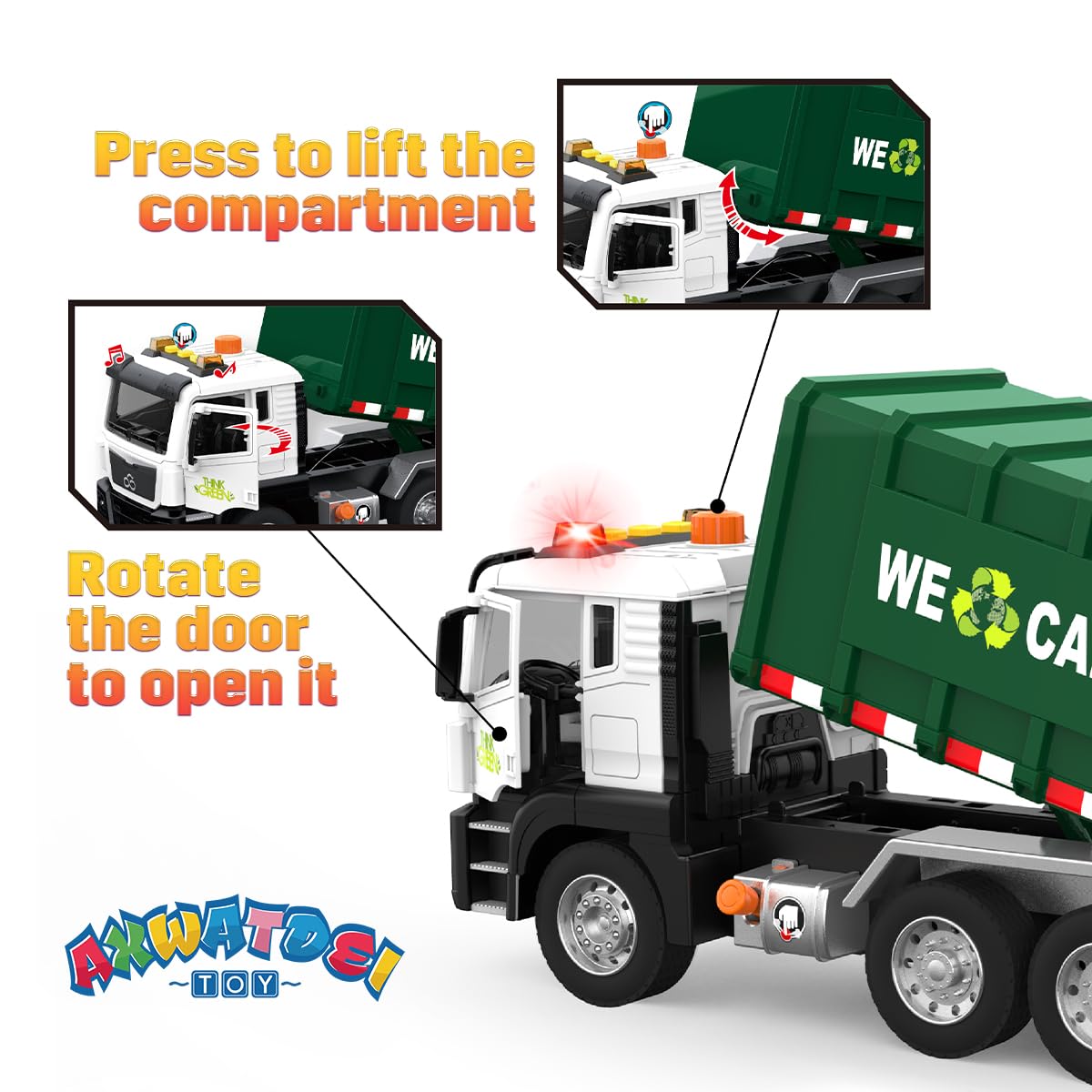 AXWATDEI Garbage Truck Toy - Large Friction Powered Trash Truck with Lights, Sounds, 4 Trash Bins, Green, Model WY1115A