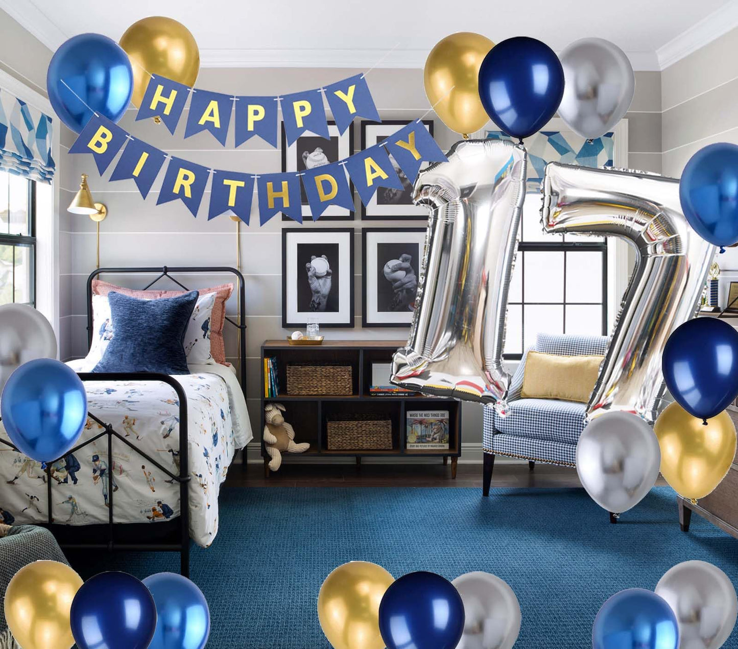 JumDaQQ 17th Birthday Party Decoration Set, Happy Birthday Banner & Metallic Balloons, Blue & Silver, Model JD-17th-metal-23
