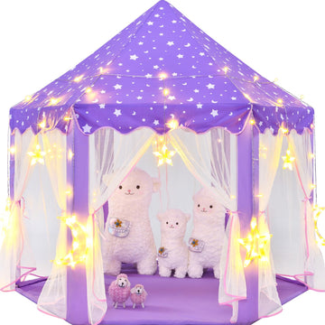 CUBNBUD Princess Tent with Star Lights - Purple Castle Playhouse for Girls Age 4-7, 55x53 inch