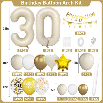 30Th Birthday Decorations Sand White Gold,30Th Birthday Balloon Arch Garland Kit With Happy 30Th Birthday Number 30 Foil Balloon