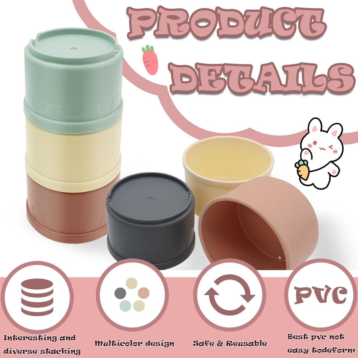8 Pcs Stacking Cups For Rabbits Safe Plastic Rabbit Toys Of Different Sizes, Stackable Bunny Toys, Enrichment Toys For Small Ani