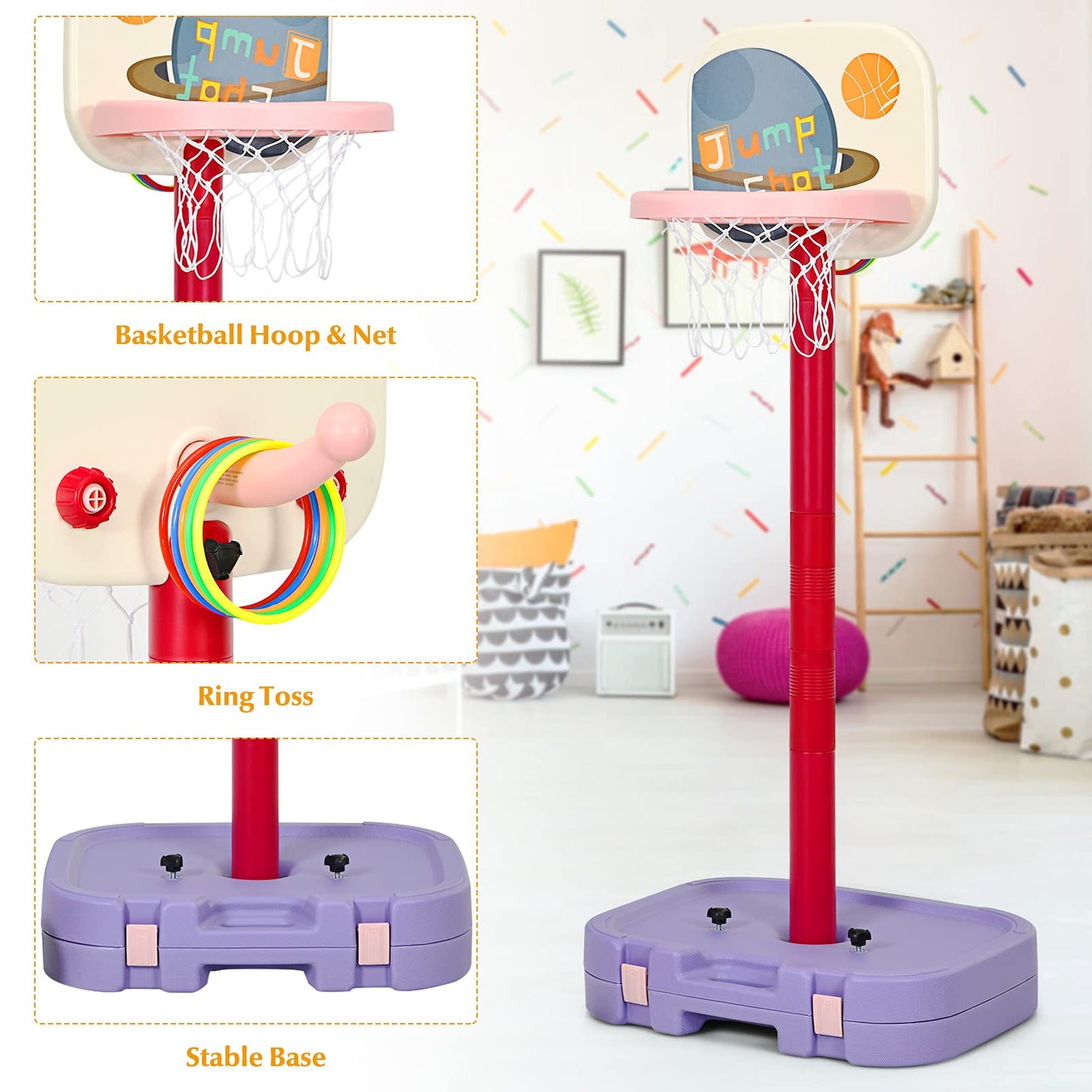 Costzon Kids Basketball Hoop, 2 In 1 Toddler Basketball Hoop Toy Set With Ring Toss & Storage Box For Boys Girls Baby, Portable Basketball Hoop Stand With Adjustable Height For Indoor Outdoor