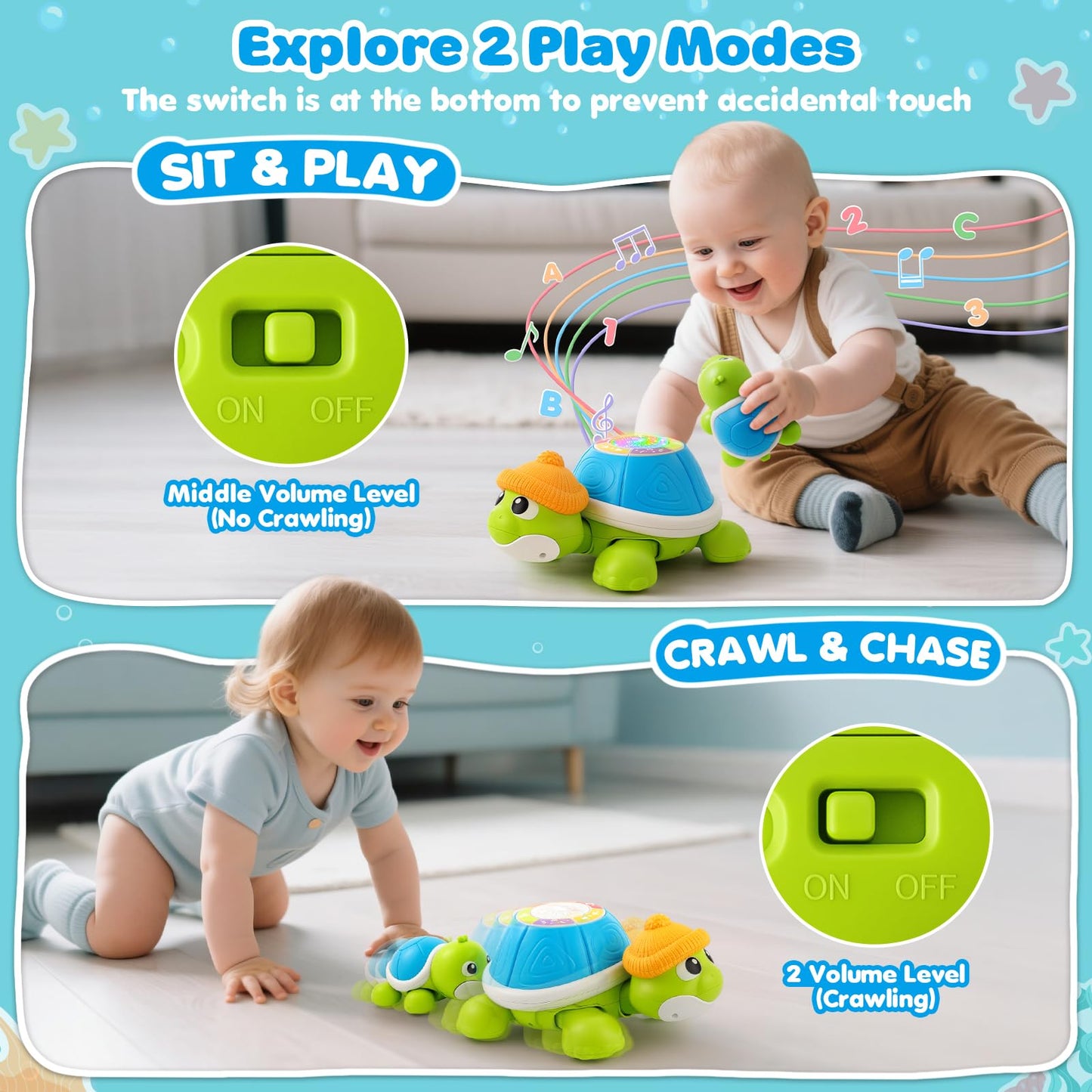 BAYSING Musical Turtle Crawling Infant Toy Set - Educational Baby Toys for 6-12 Months - Plastic - Perfect for Tummy Time & Gifts
