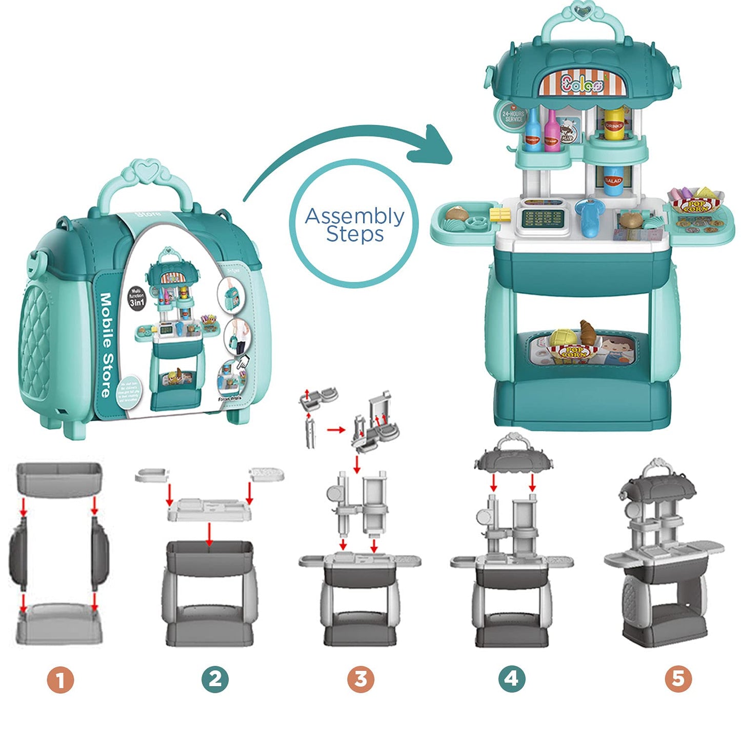 Shape28 Store Bag Pretend Play Store Toddler Toys 62 PCS Shopping Cart for Kids with Play Kitchen Prop Money Pantry Storage Cash