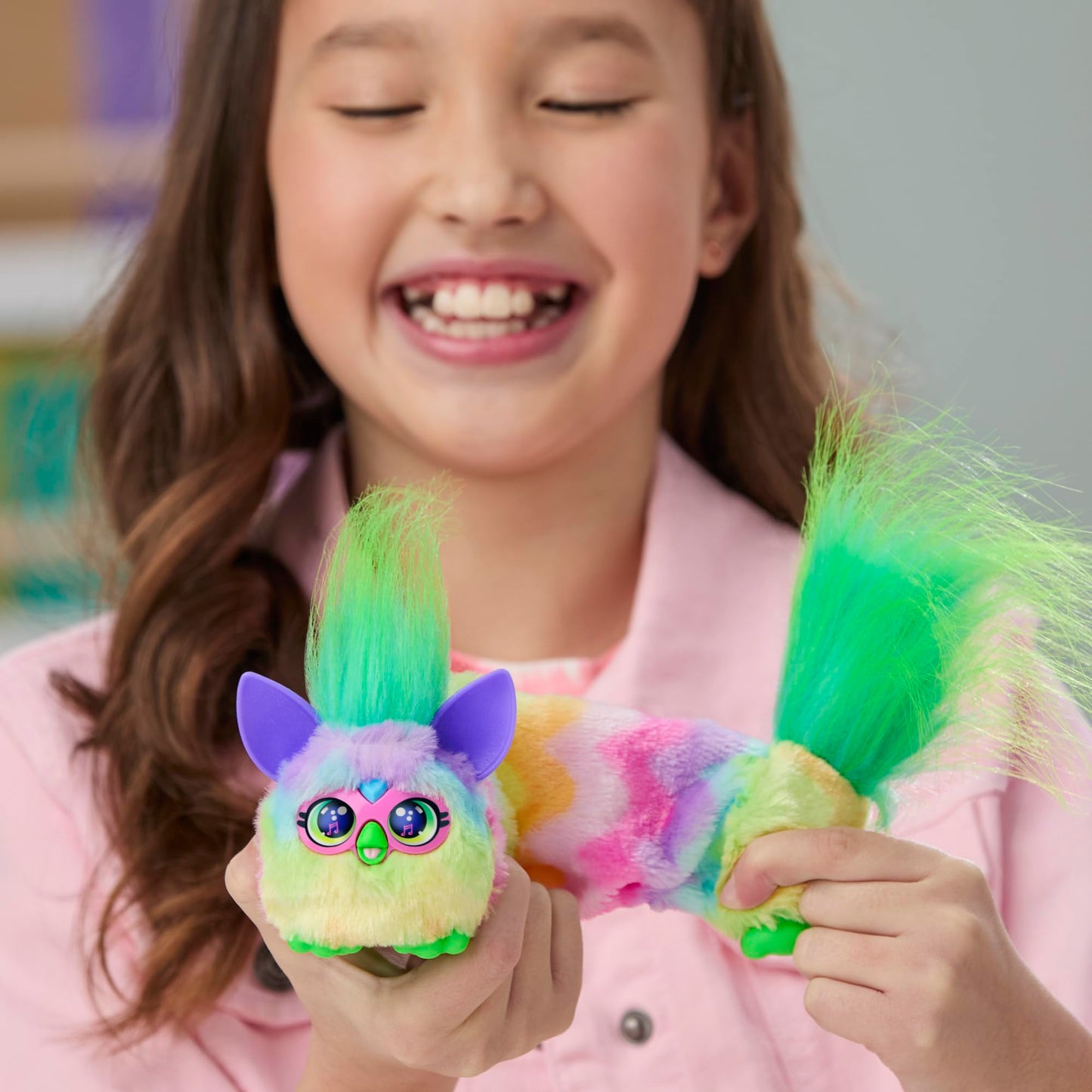 FURBY DJ Furblets Can-Dee-Swirl Mini Electronic Plush Toy with Funny Stretchable Sound Effects & Music, Speaks Furbish, Pink, Bl