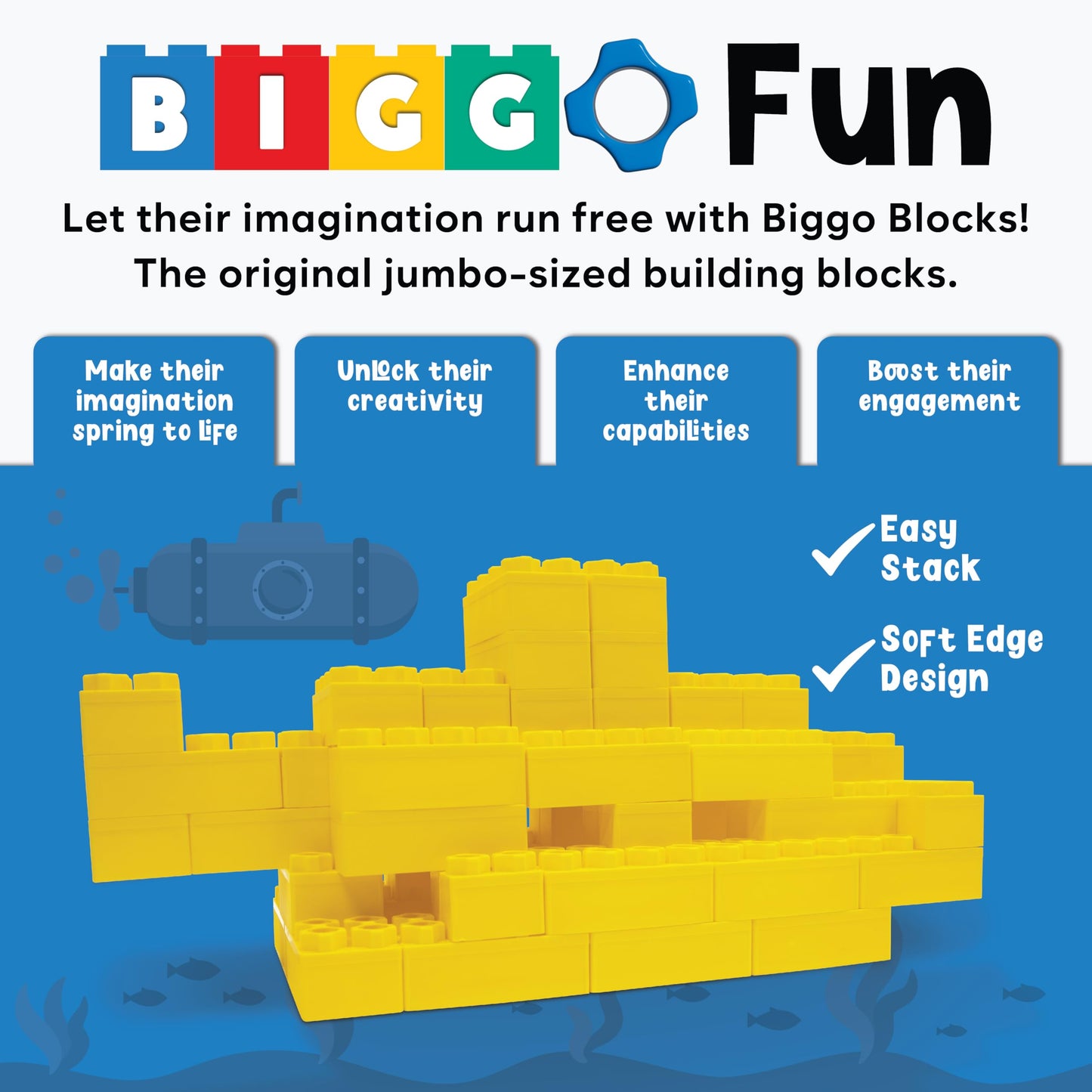 Big Blocks For Kids Ages 4-8 - Indoor & Outdoor Blocks Kids Games - Yellow Large Building Blocks - 48Pc
