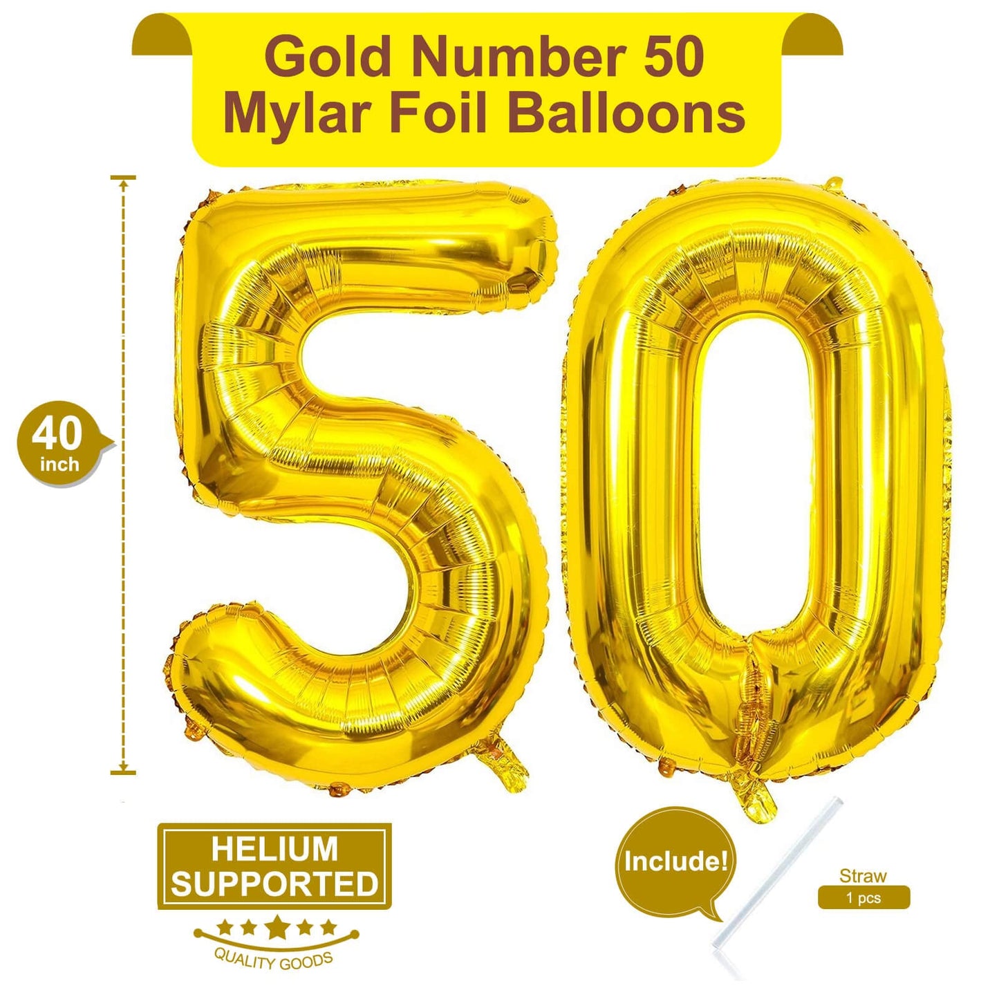 LHOAVWE 40 Inch Gold 50 Number Balloons, Giant Jumbo Foil Mylar, Perfect for 50th Birthday and Anniversary Party Decorations