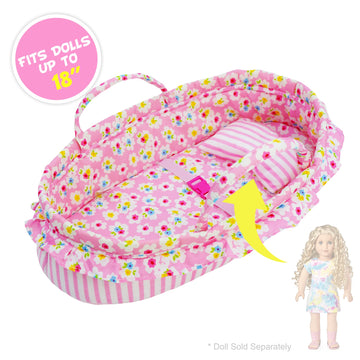 June Garden Cozy Dream Doll Bassinet - Baby Doll Portable Carrier - Fits For American Girl Dolls Up To 18'' - Soft Pillow & Safe